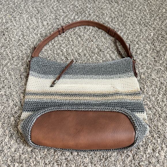 The Sak Sequoia Crochet Hobo Striped Bag Boho Silver Hardware Gray Cream Tan - Picture 3 of 5